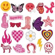 20Pcs Preppy Iron on Patches Pink Cowgirl Sew on Embroidered Applique Patches Y2K Repair Patch DIY Accessories for Clothing Backpacks Hat Jeans Jacket